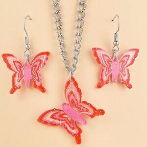 Lindy Jessa Colorful Red Butterfly Necklace Earrings Set Gift Packaged